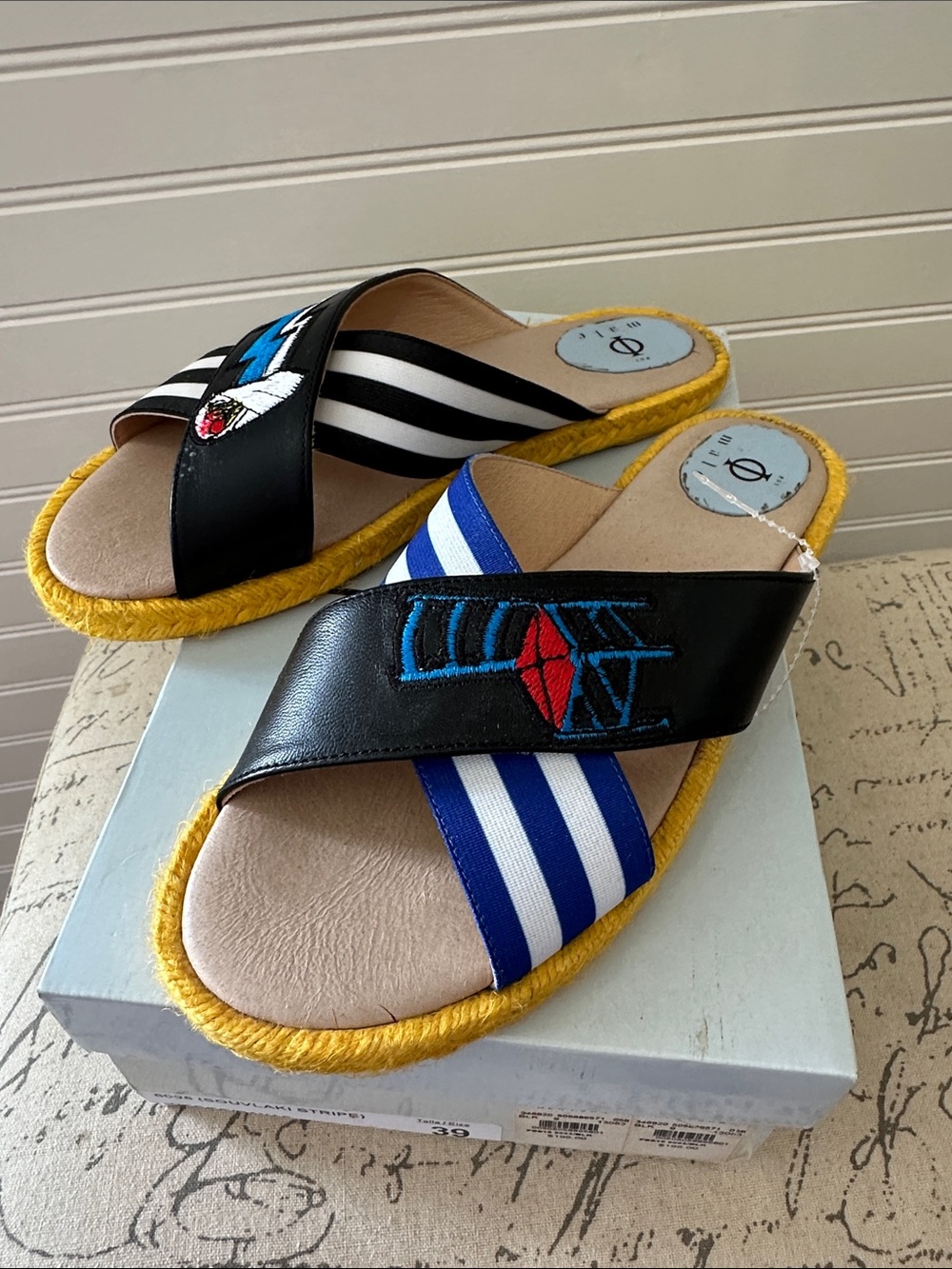 Phi Male Barneys  Black and Blue Slip-On Sandals with Yellow Trim 39